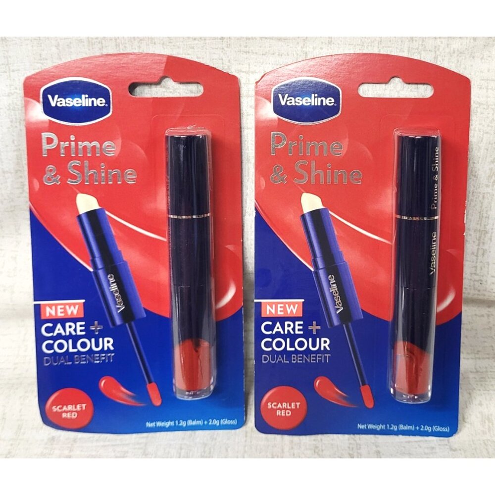 2 Vaseline Prime & Shine 2-in-1 Lip Balm Primer & Colored Gloss Duo SCARLET RED